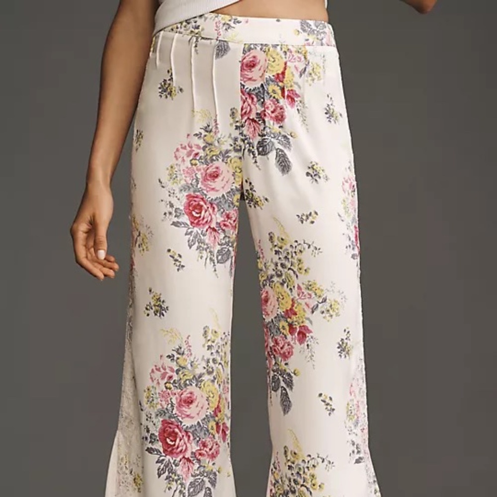NWT By Anthropologie Floral Lace Silky Flare Pants Sz 8 - Picture 7 of 16
